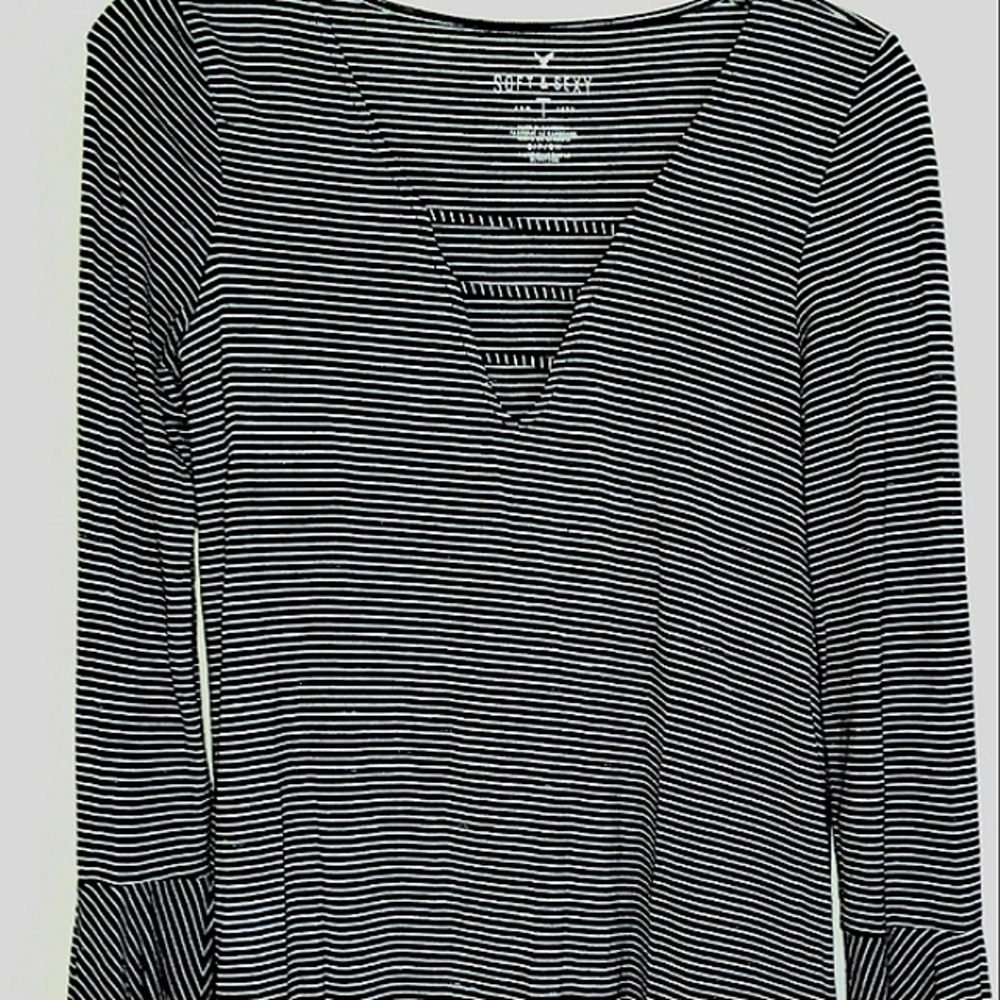 American Eagle Soft & Sexy long sleeve striped v-neck top with flared sle…